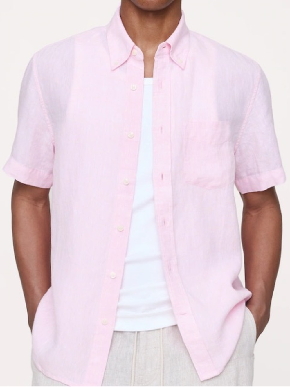 PERRY ELLIS men's pink short-sleeve linen blend button-up shirt | XL